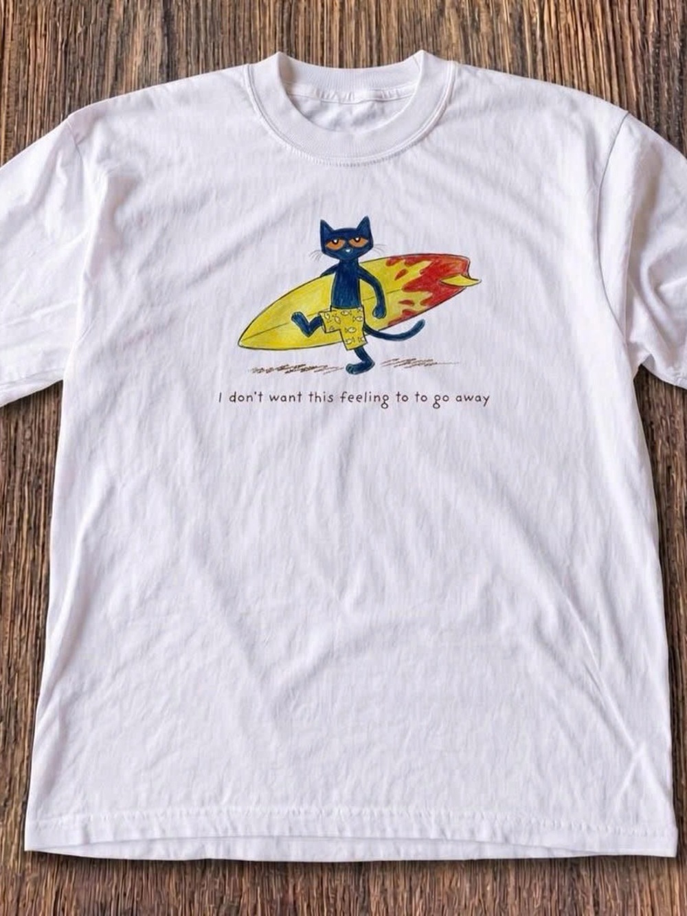 Gildan White Short Sleeve Tee with Blue Cat and Yellow Surfboard Graphic